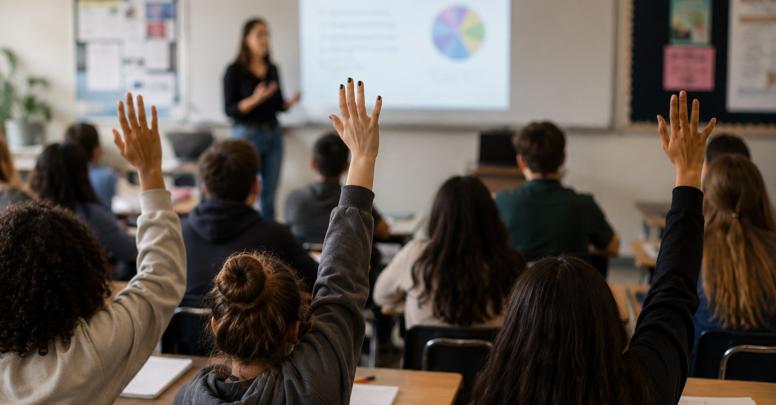 Students raising their hands in a classroom, engaged and ready to learn with AI