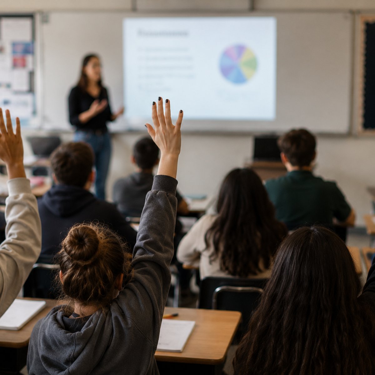 Students raising their hands in a classroom, ready to learn AI