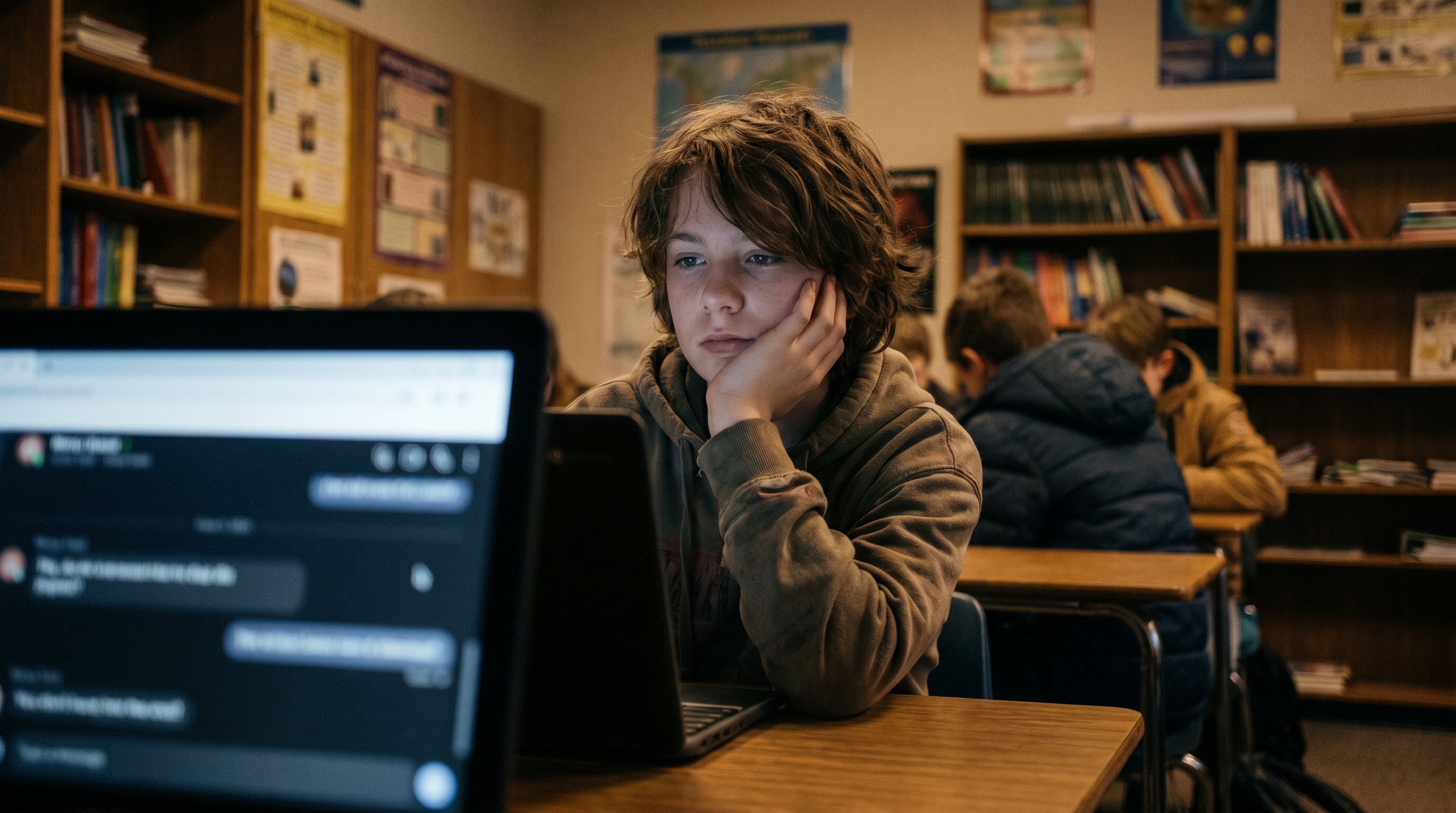 Student staring passively at a laptop in a classroom