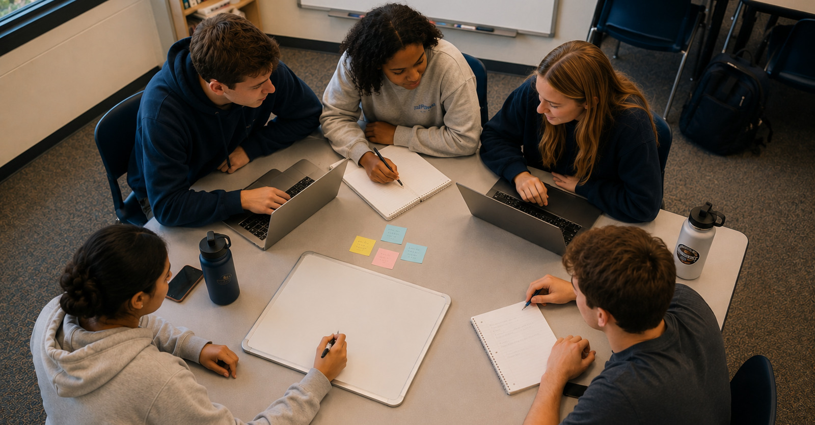 High school students collaborating around a table with laptops, notebooks, and sticky notes during a group project