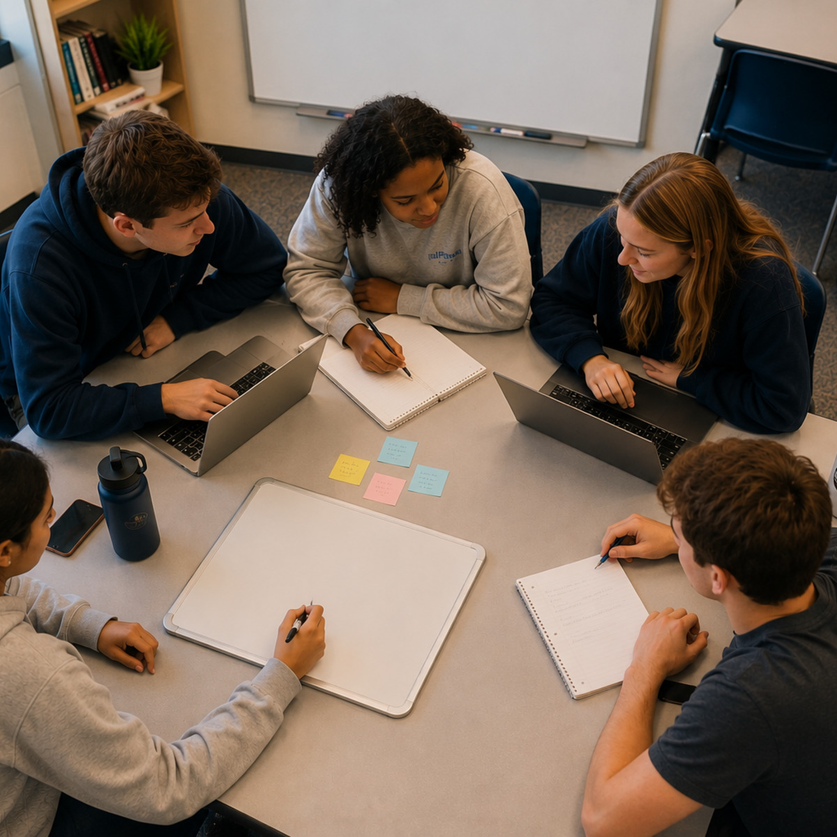 High school students collaborating around a table with laptops, notebooks, and sticky notes during a group project