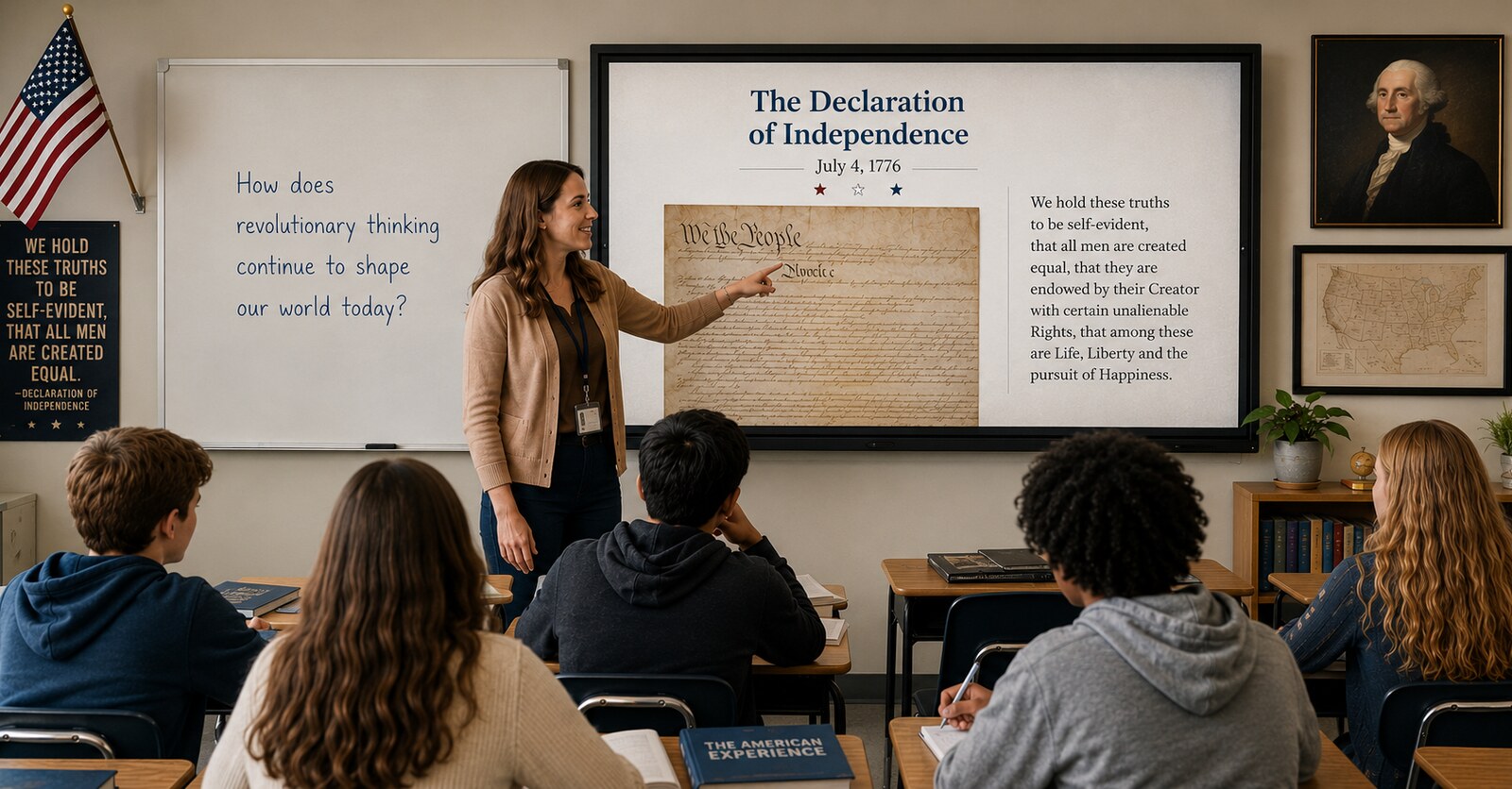 A teacher points to a classroom screen displaying the Declaration of Independence, surrounded by Fourth of July decorations and attentive students