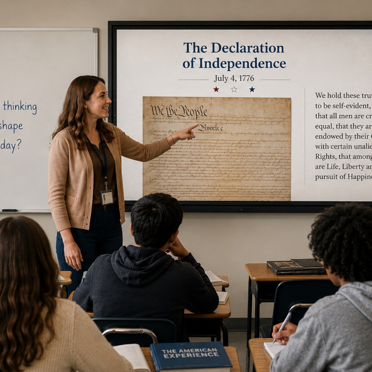 A teacher points to a classroom screen displaying the Declaration of Independence, surrounded by Fourth of July decorations and attentive students