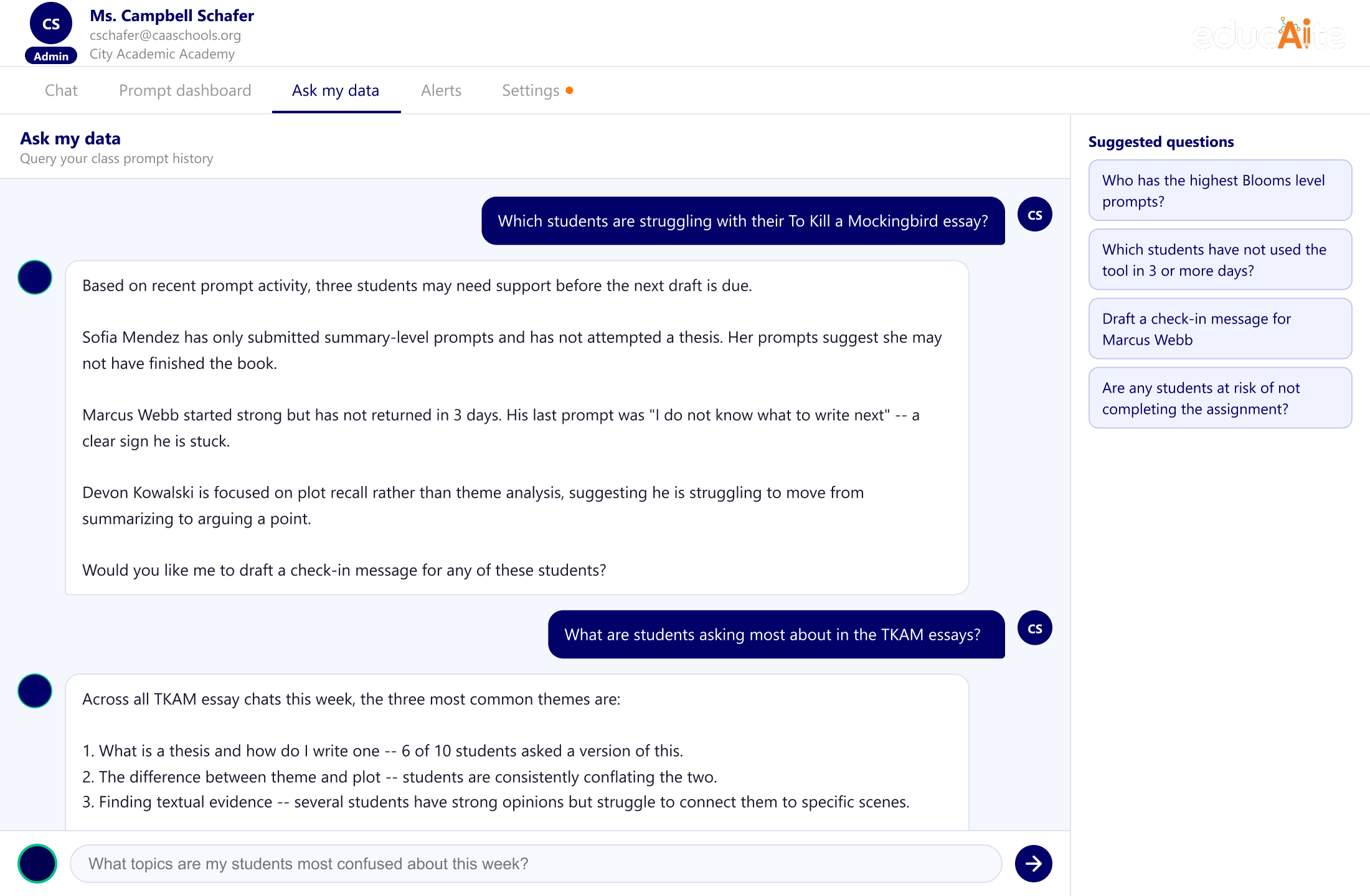 EducAIte platform dashboard: Ms. Campbell Schafer asking her data