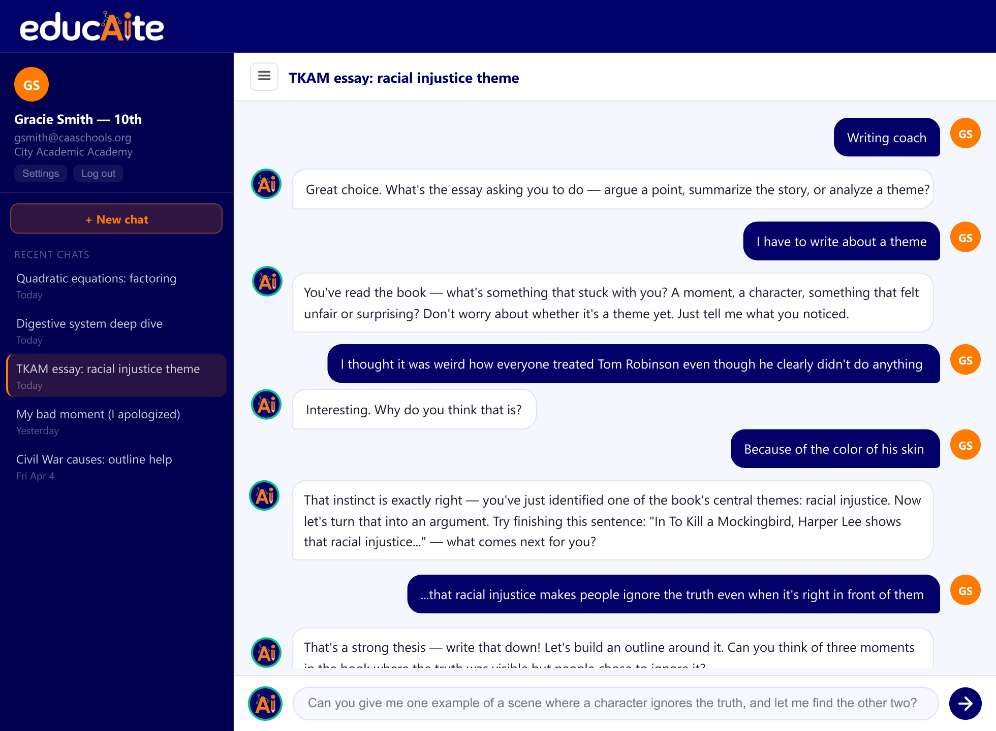 EducAIte student chat with scaffolding and stuck-moment prompts