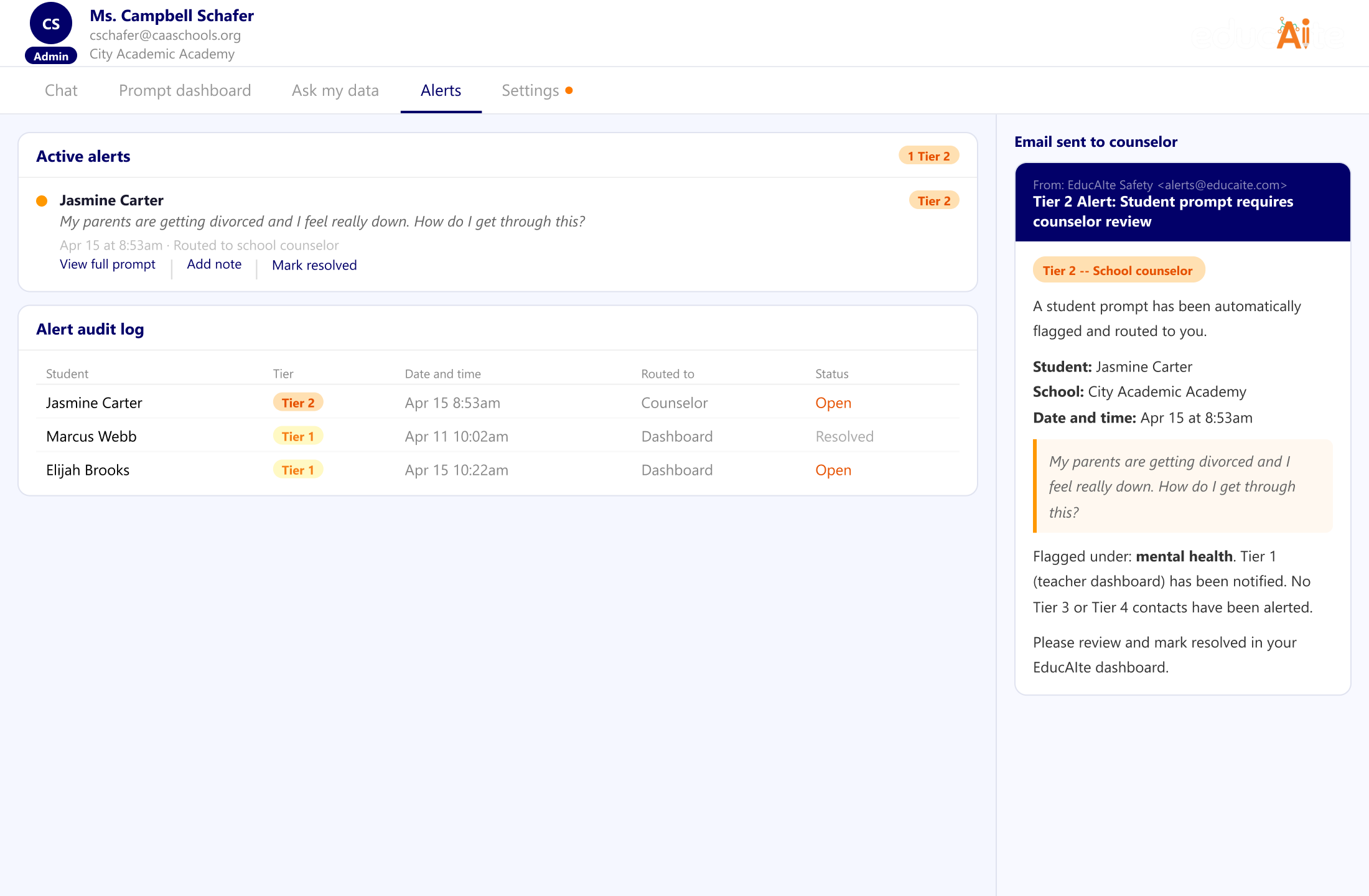 EducAIte tiered alert routing with counselor email and audit log