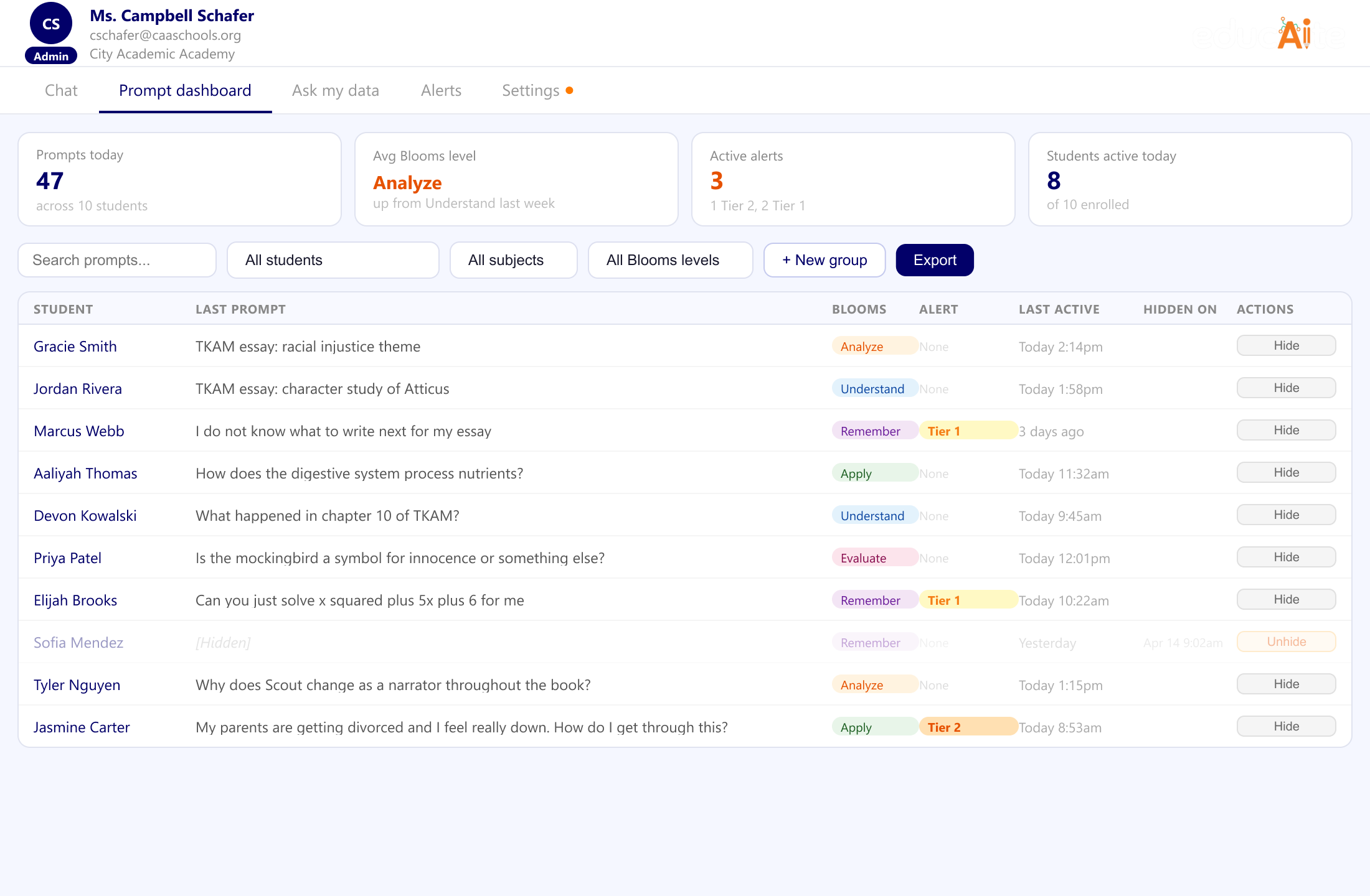 EducAIte teacher dashboard with prompt activity and class KPIs